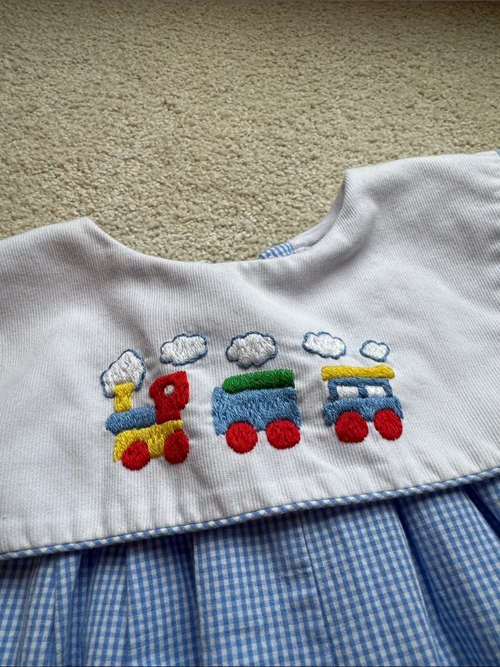 Cecil and Lou Blue Gingham Train-Embroidered Long Bubble